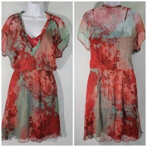 MNG Mango Women's Red/Green Floral Fully Lined V-neck Knee-Length Sundress Sz 4